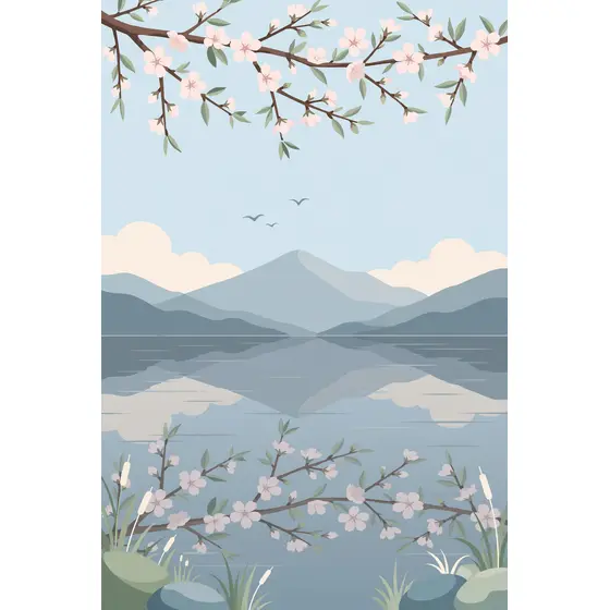 Pink Almond Blossom Branch Over Lake