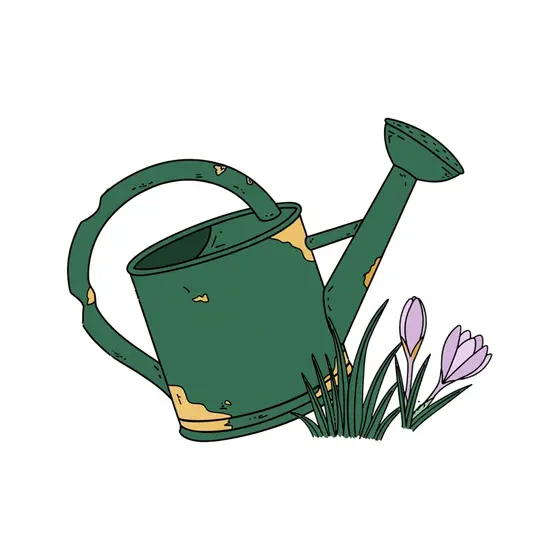 Dented Green Watering Can with Crocuses