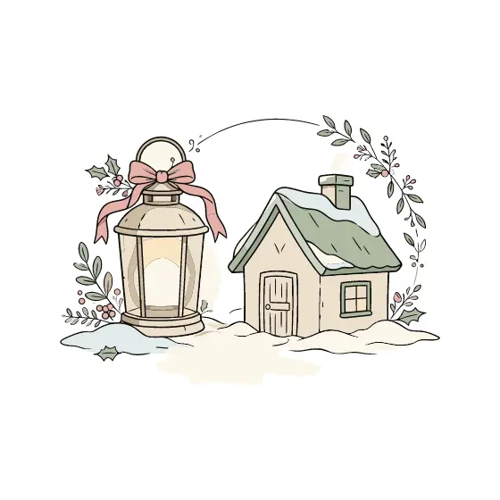 Glowing Lantern Beside Snowy Cottage