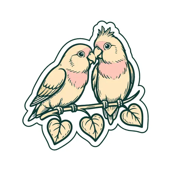 Cream Lovebirds Kissing on Branch