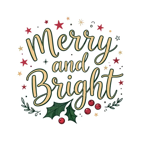 Gold Merry and Bright Lettering With Stars