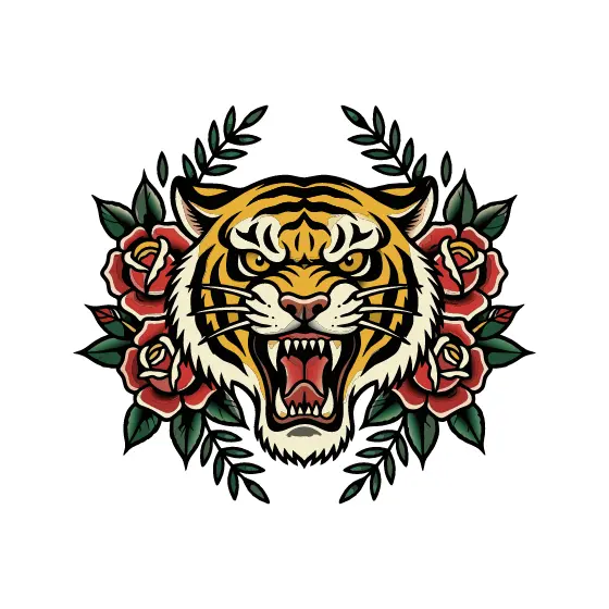 Roaring Tiger Head With Roses