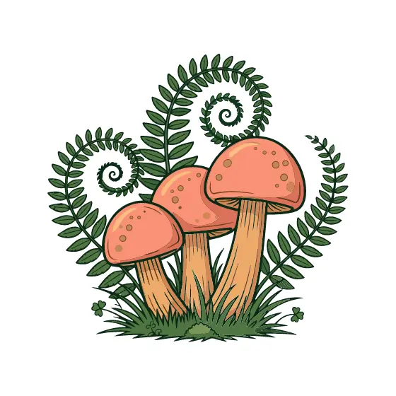 Mushrooms and Curling Ferns Vignette