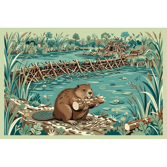 Beaver Carrying Log by Teal Pond