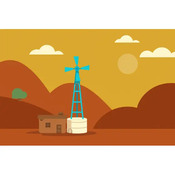 Turquoise Windmill Over Desert Hills