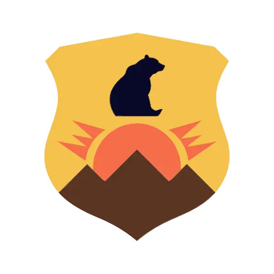 Shield Badge With Bear and Mountain Sunset