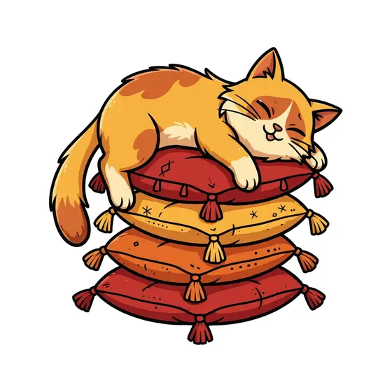 Sleeping Orange Cat Curled On Pillows