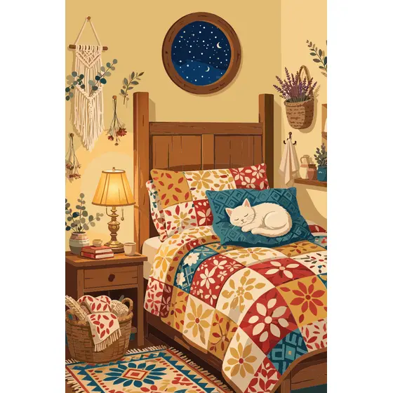 Cozy Bedroom Corner With Sleeping Cat