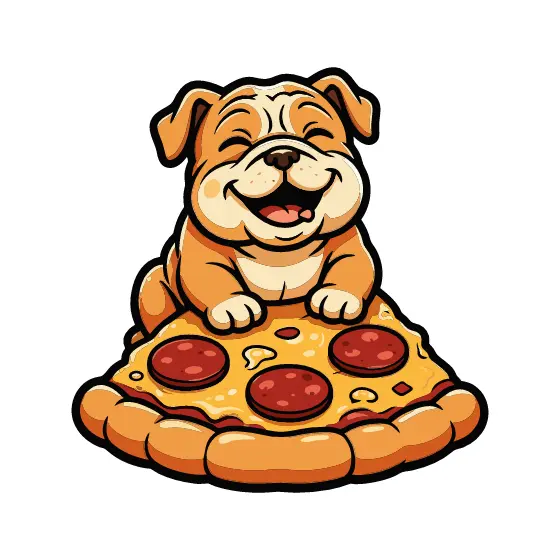 Happy Bulldog Puppy On Pepperoni Pizza