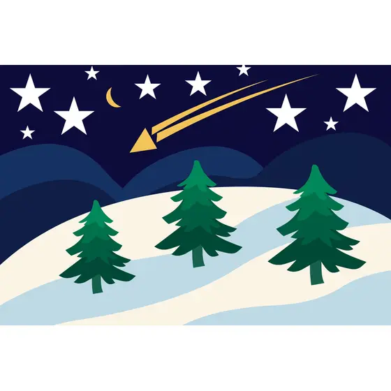 Three Pines Under Night Sky Shooting Star
