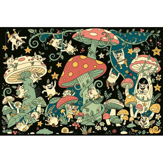 Mischievous Creatures Tumbling Among Giant Mushrooms