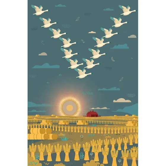 Cream Geese in Teal Sky