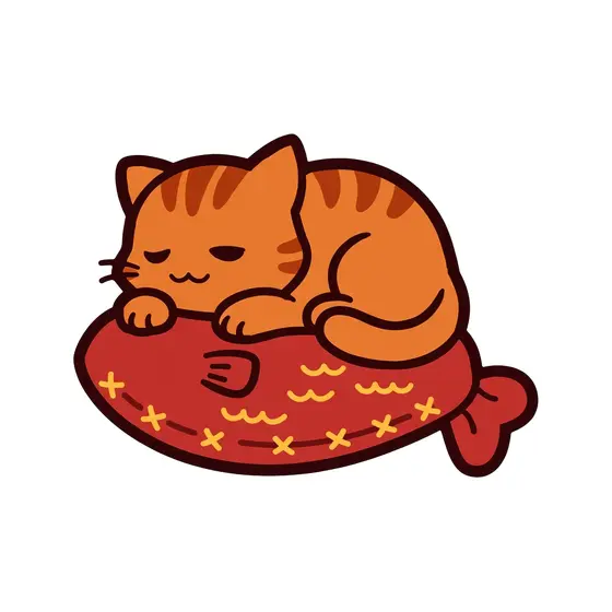 Dozing Cat Beside Stitched Fish Cushion