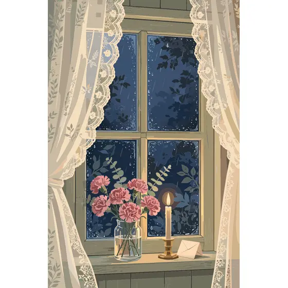 Rainy Night Window With Carnations