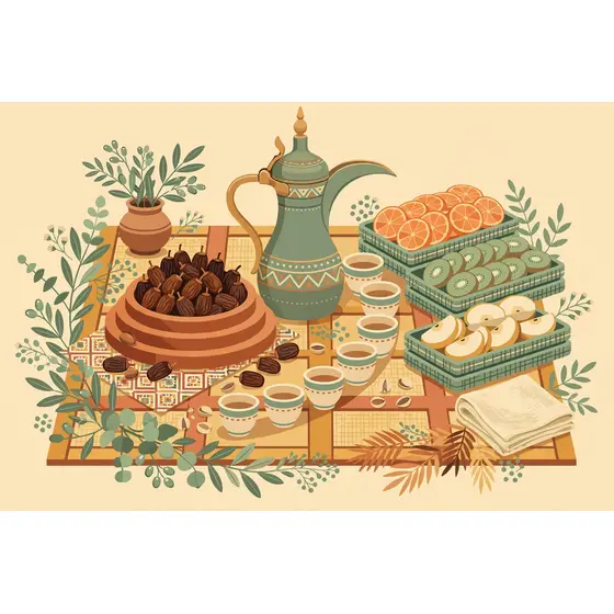 Dates, Dallah and Cups on Table