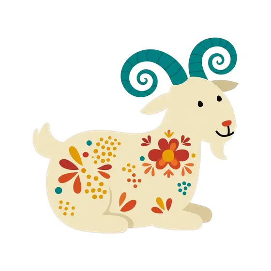 Seated Cream Goat With Teal Horns