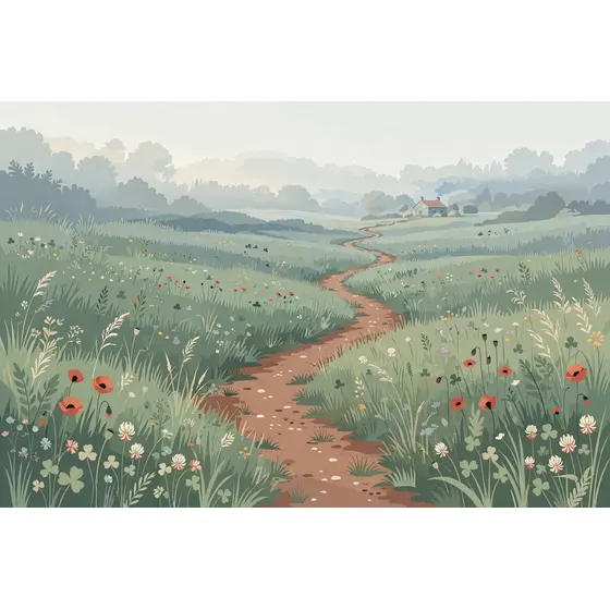 Winding Dirt Path Through Misty Meadow