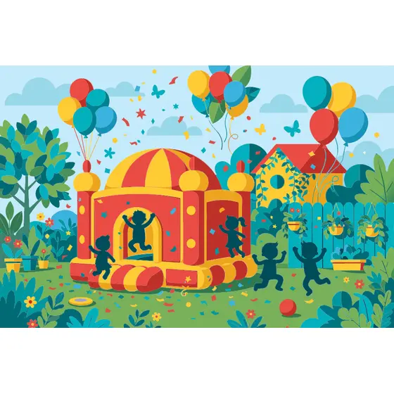Backyard Bouncy Castle With Kids and Balloons
