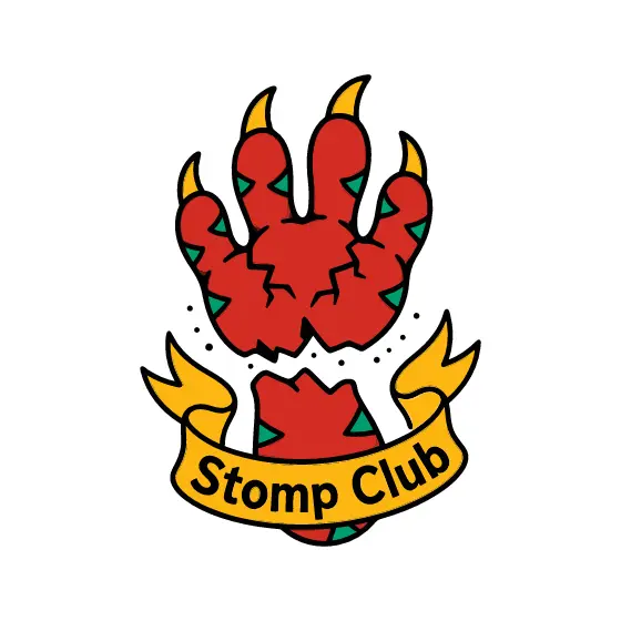 Red Dinosaur Footprint With Stomp Club Banner