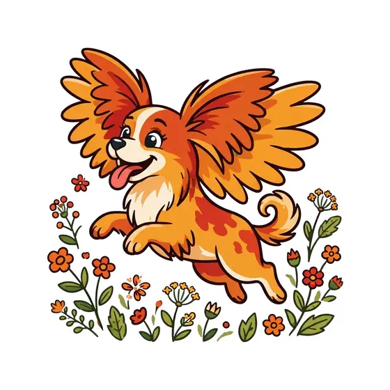 Orange Papillon Dog Jumping With Flower Border