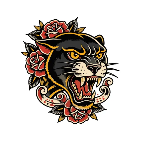 Traditional Panther Head with Red Roses