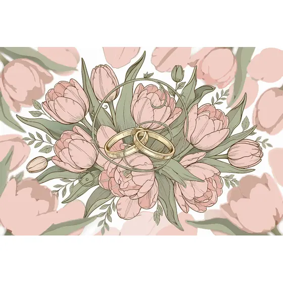 Gold Wedding Bands Among Blush Tulips