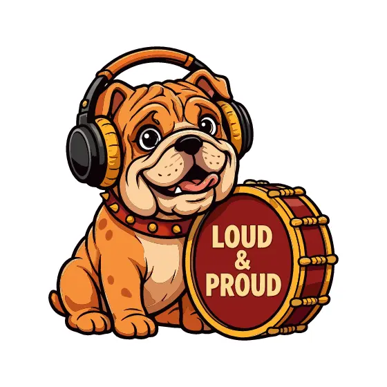 Bulldog With Headphones And Red Drum