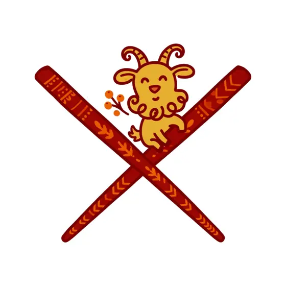 Goat Atop Crossed Red Chopsticks