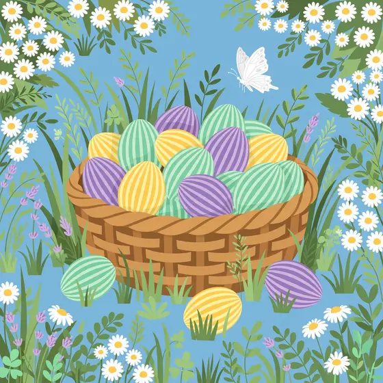 Striped Easter Eggs in Wicker Basket