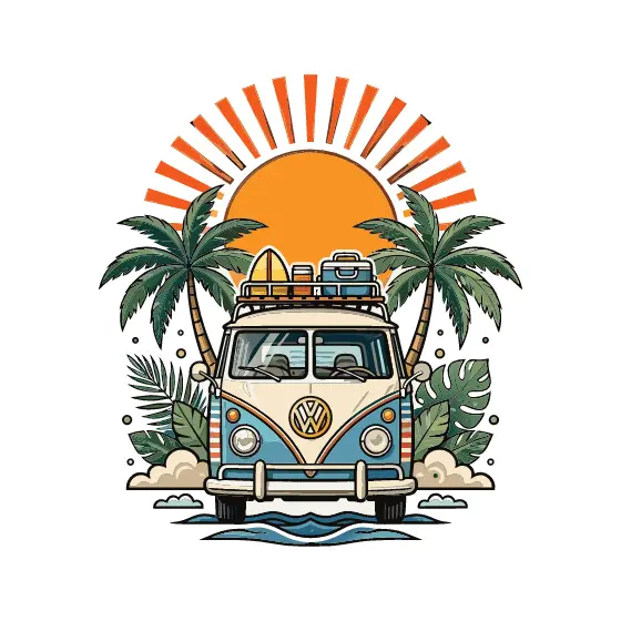 Front View Surf Van with Tropical Foliage