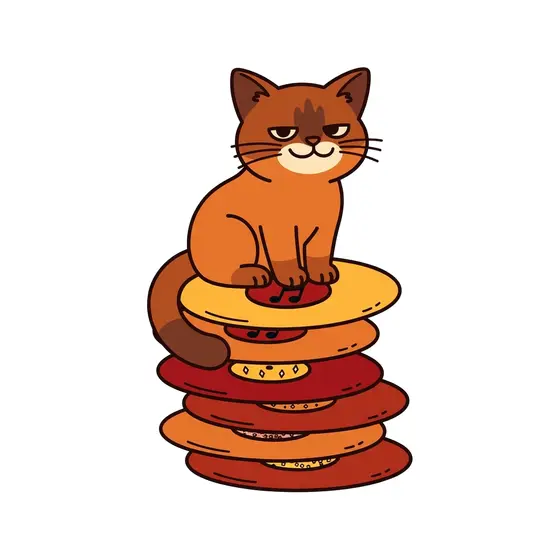 Seated Cat On Layered Records