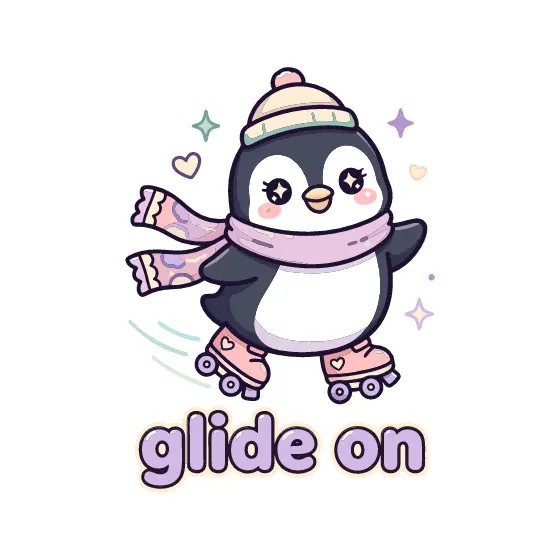 Penguin In Beanie Gliding With Lavender Text