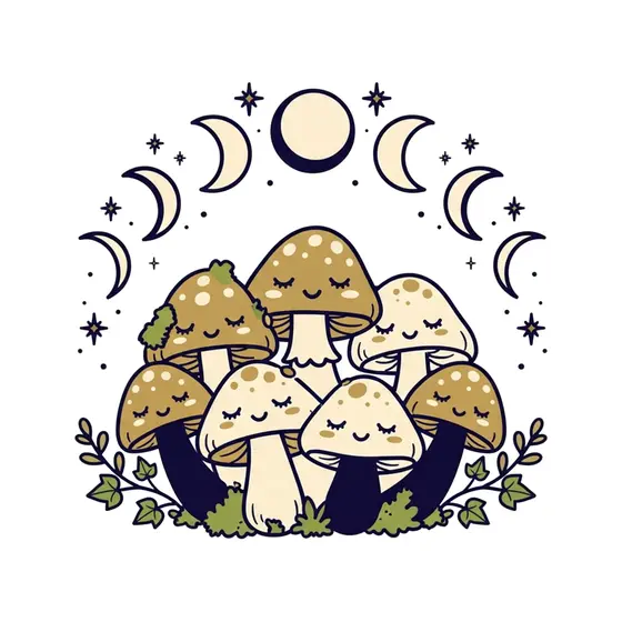 Green-Capped Sleepy Mushrooms With Moon Arc