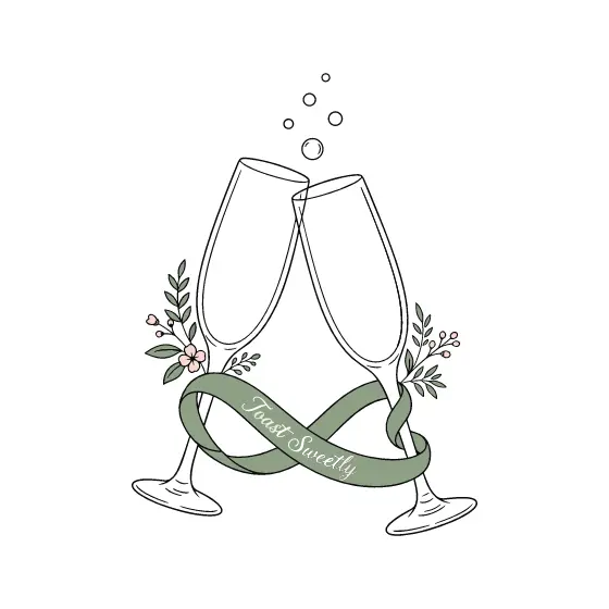 Champagne Flutes Clinking With Sage Ribbon