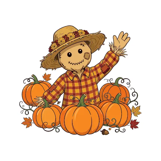Scarecrow Waving Among Pumpkins