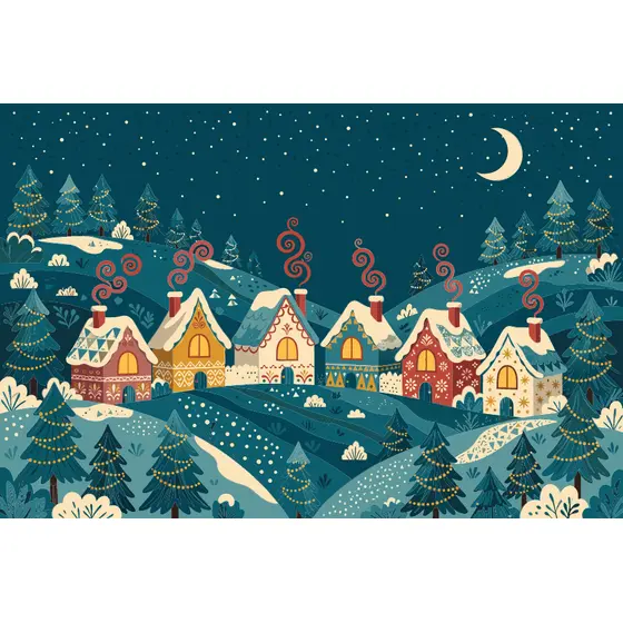 Folk Cottages Under Teal Winter Night