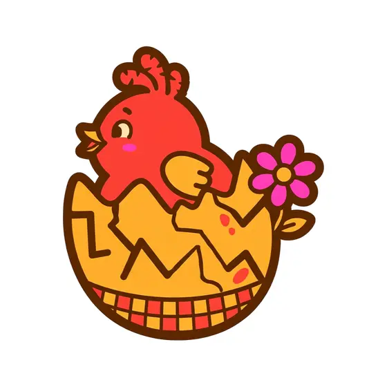 Red Chick Hatching With Pink Daisy