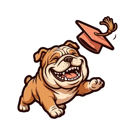 Grinning Bulldog Tossing Graduation Cap
