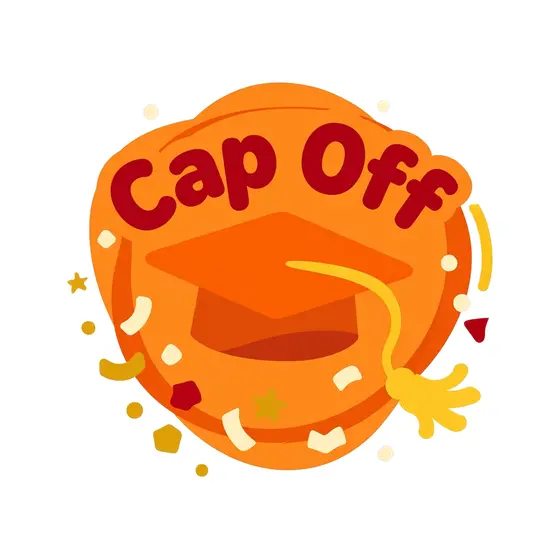 Orange Cap Off Badge With Tossed Mortarboard