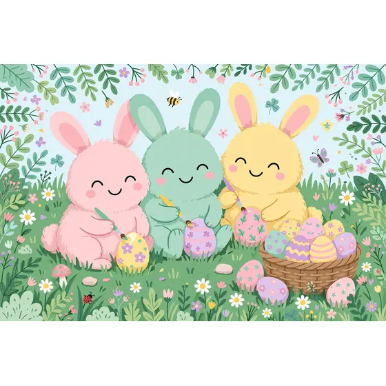 Three Pastel Bunnies Painting Easter Eggs