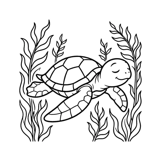 Sea Turtle Among Swaying Kelp Outline
