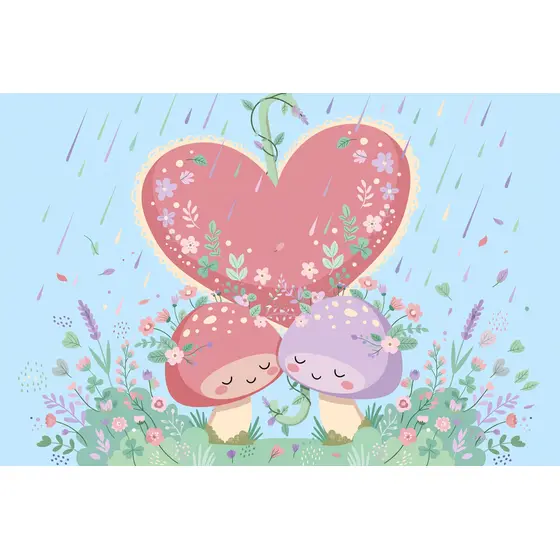 Pastel Mushrooms Under Heart Umbrella