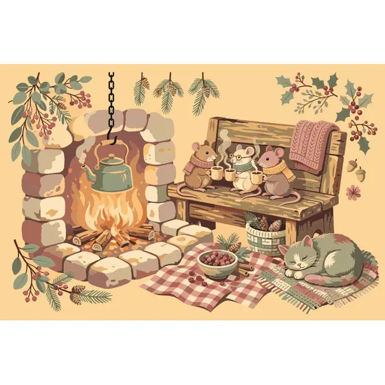 Cozy Mice Sharing Cocoa by Hearth