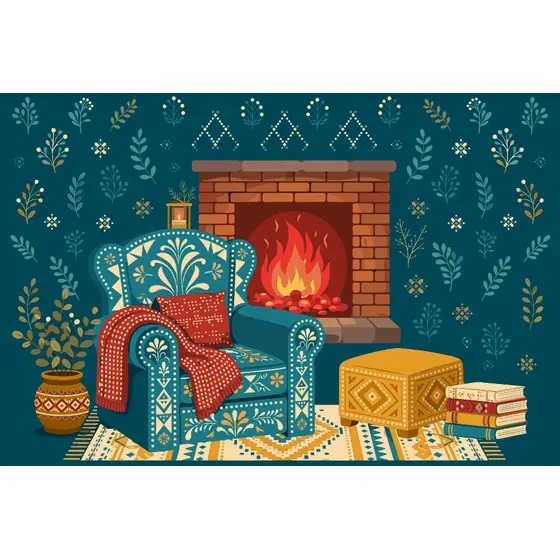 Teal Armchair By Fireplace at Dusk