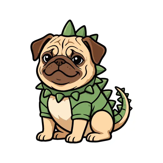 Pug in Dino Suit With Bow Tie