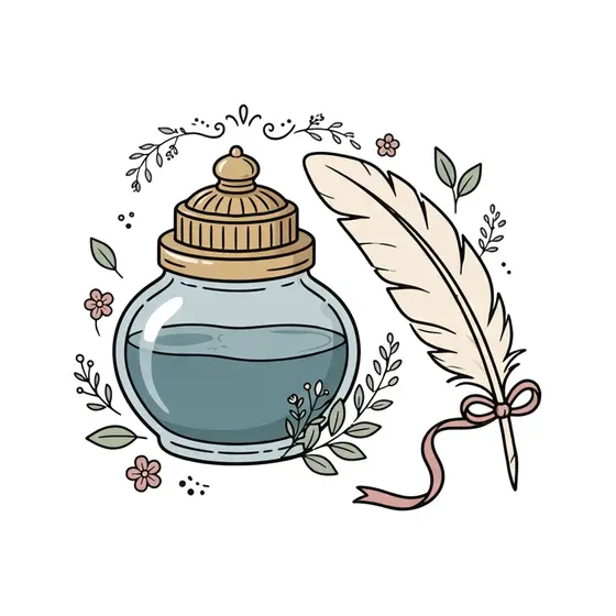 Glass Inkwell With Quill and Rose Ribbon