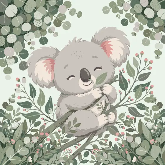 Sleepy Baby Koala Clinging to Eucalyptus Branch