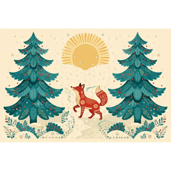 Red Folk Fox Between Teal Pines