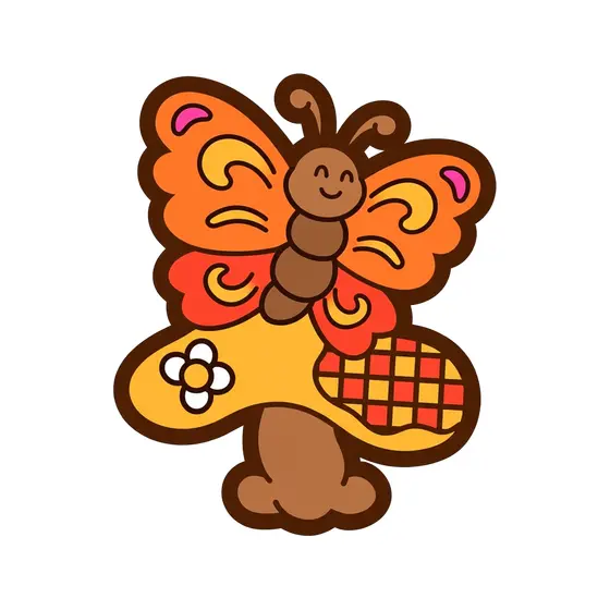 Orange Butterfly On Checkered Mushroom