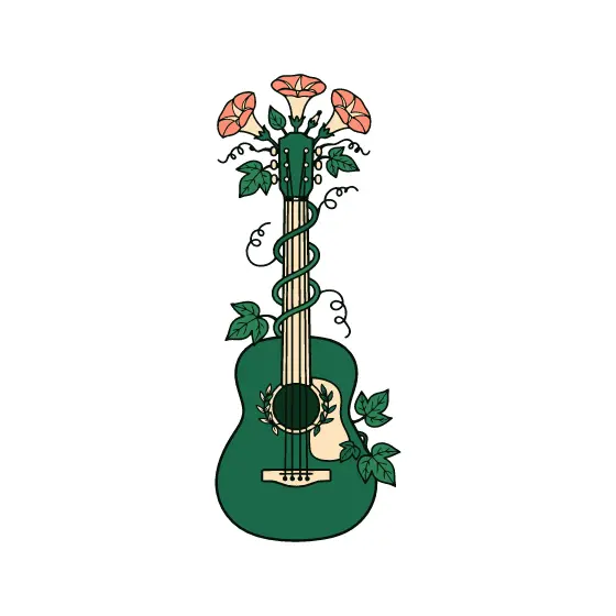 Guitar With Coral Morning Glory Blooms